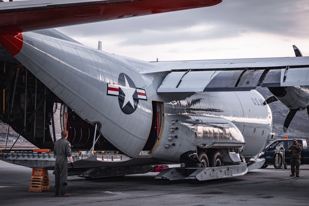 Maintenance and Operations personnel with the 109th Airlift Wing conduct post flgiht checks on an LC-130 Skibird in Kangerlussuaq Greenland May 13th 2024.