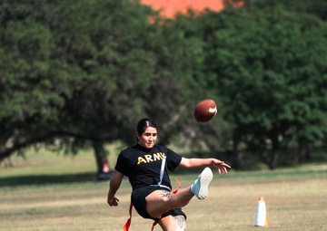 Brahmas athletes and Army North Soldiers play flag football