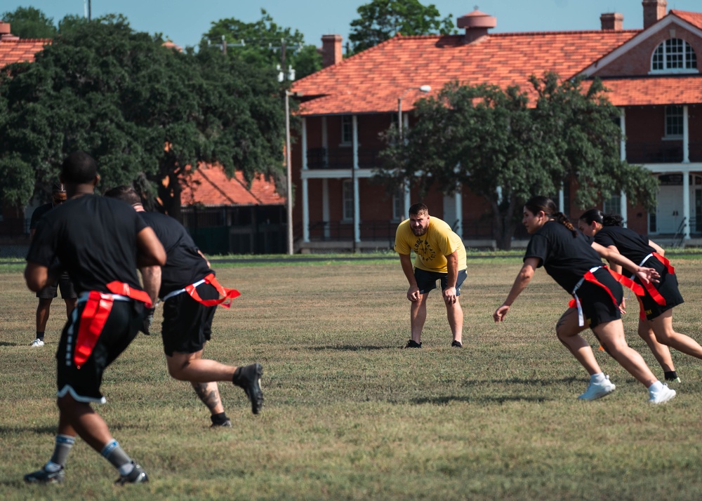 Brahmas athletes and Army North Soldiers play flag football
