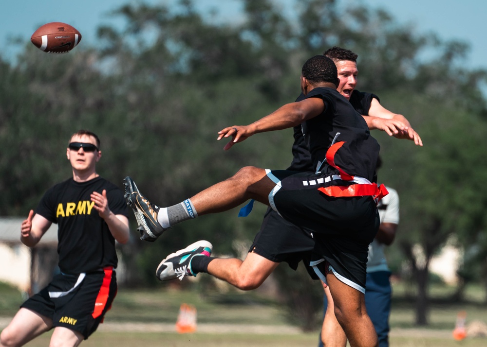 Brahmas athletes and Army North Soldiers play flag football