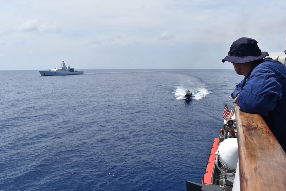 Coast Guard Cutter Resolute conducts contraband transfer with the HNMLS Groningen in the Caribbean Sea