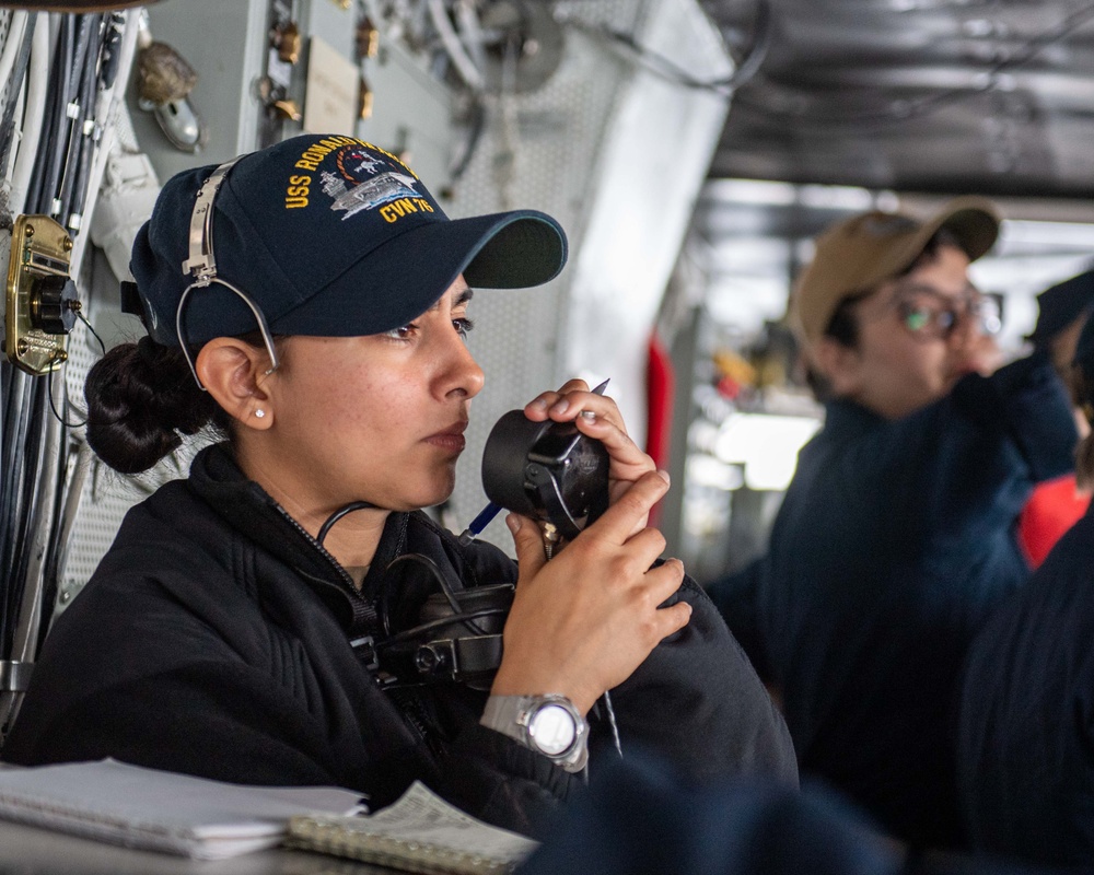 USS Ronald Reagan (CVN 76) conducts a replenishment-at-sea and fueling-at-sea with USNS John Ericsson (T-AO-194) and USNS Charles Drew (T-AKE 10)