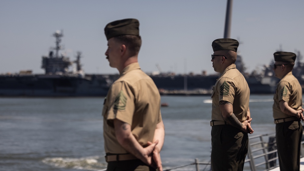 U.S. Marines of 24th MEU (SOC) and Sailors of the USS New York (LPD 21) Man the Rails
