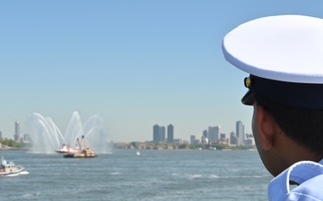 US Coast Guard Cutter Calhoun transits through New York Harbor during Parade of Ships during Fleet Week 2024