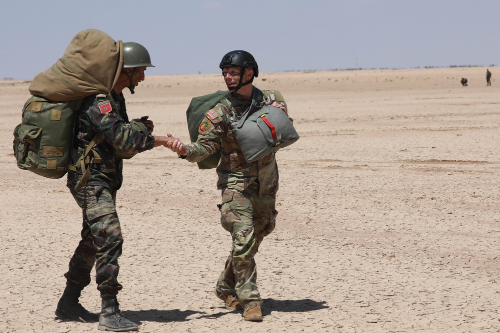 Paratroopers and the Moroccan Royal Armed Forces conduct airborne training during African Lion 2024