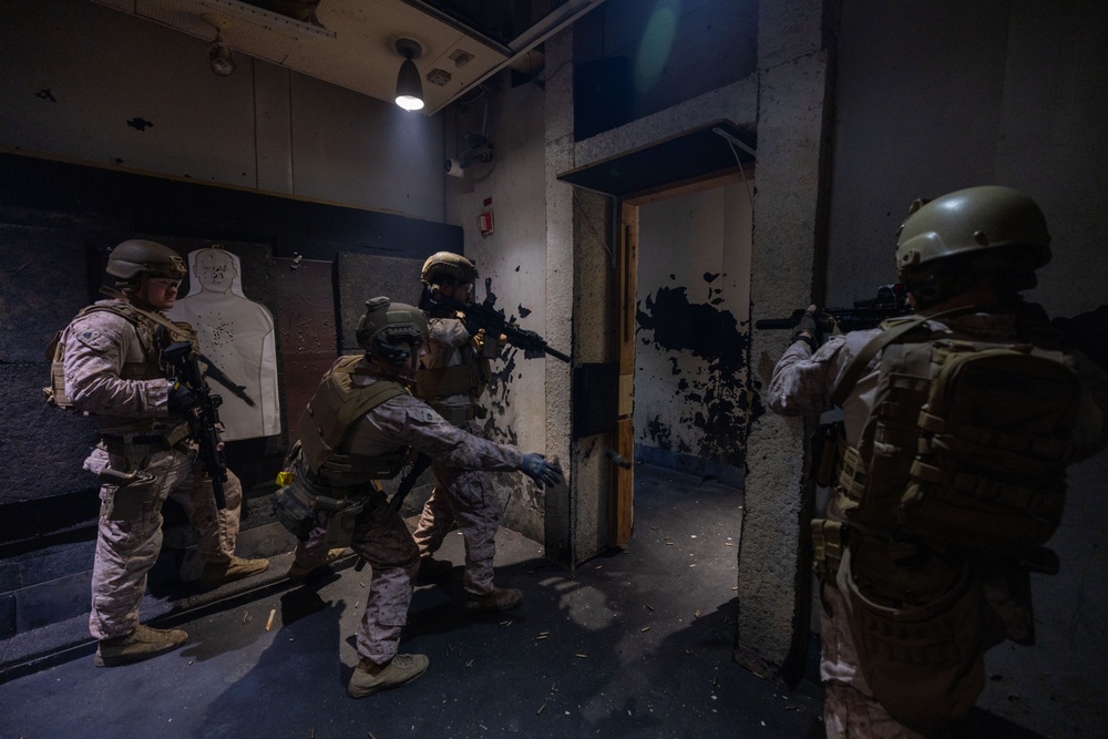 French Service Member attends the Marine Corps Security Forces Regiment Close Quarters Battle