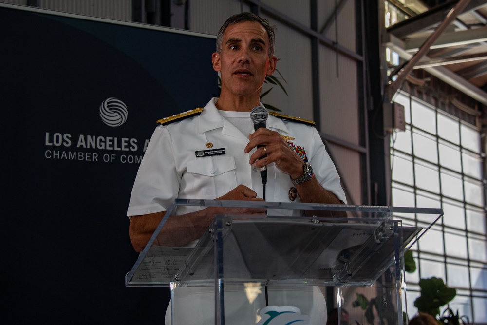 Rear Adm. Carlos Sardiello, commander, Carrier Strike Group One, Gives a Speech During a Chamber of Commerce Reception at Los Angeles Fleet Week 2024