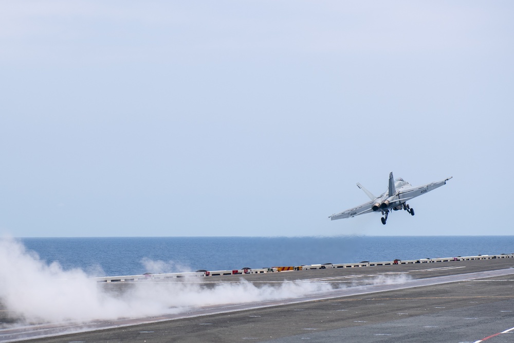 USS Ronald Reagan (CVN76) Sailors conduct flight deck operations