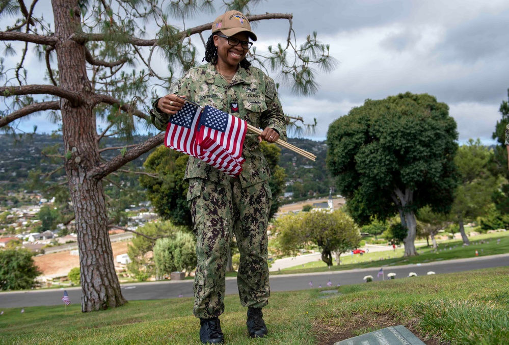 USS Carl Vinson (CVN 70) Sailors Place Flags at Green Hills Memorial Park During Los Angeles Fleet Week 2024