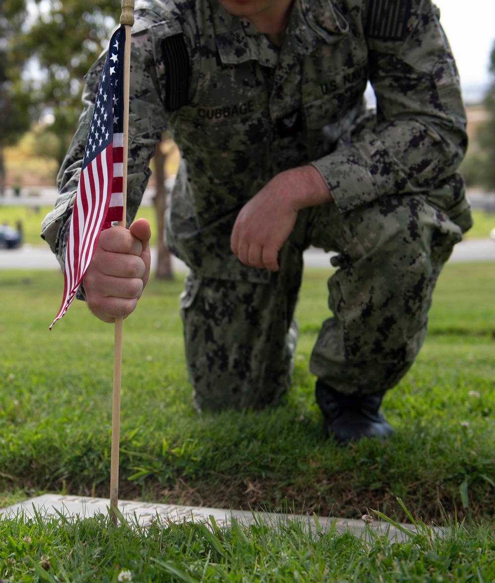 USS Carl Vinson (CVN 70) Sailors Place Flags at Green Hills Memorial Park During Los Angeles Fleet Week 2024