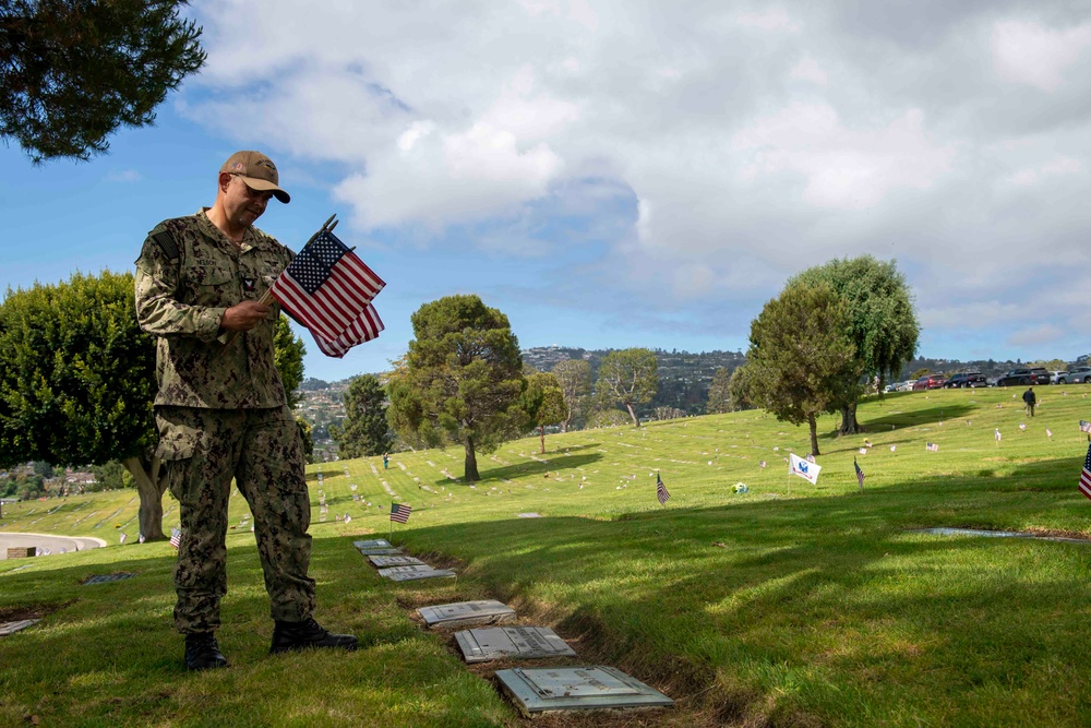 USS Carl Vinson (CVN 70) Sailors Place Flags at Green Hills Memorial Park During Los Angeles Fleet Week 2024