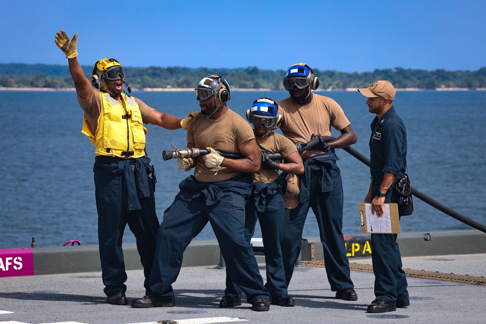 USS Hershel &quot;Woody&quot; Williams conducts a fire drill on the flight deck