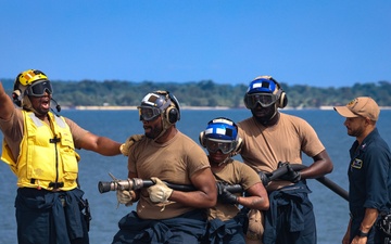 USS Hershel &quot;Woody&quot; Williams conducts a fire drill on the flight deck