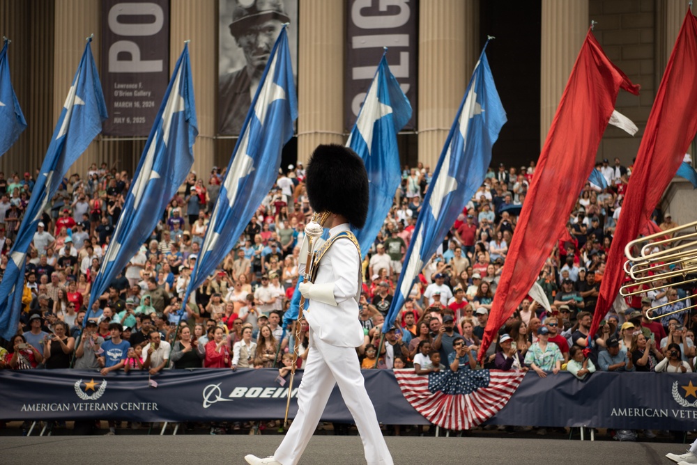 The United States Navy Band marches in the National Memorial Day Parade along Constitution Avenue in Washington, DC.