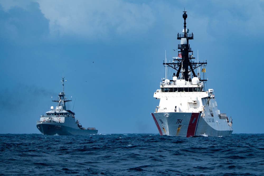 The U.S. Coast Guard Cutter James (WMSL 754) and the Brazilian navy Amazonas (P 120)