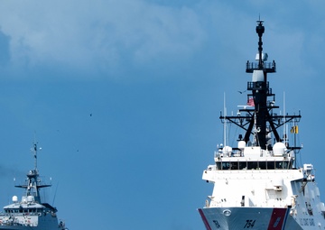 The U.S. Coast Guard Cutter James (WMSL 754) and the Brazilian navy Amazonas (P 120)