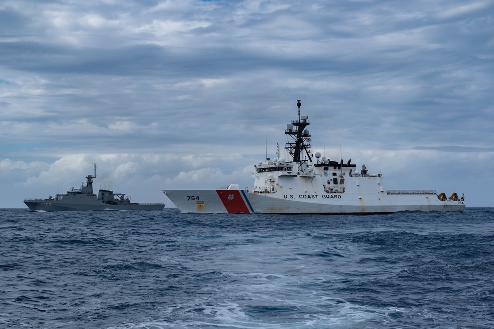 The U.S. Coast Guard Cutter James (WMSL 754) and the Brazilian navy Amazonas (P 120)