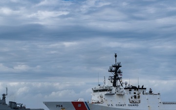 The U.S. Coast Guard Cutter James (WMSL 754) and the Brazilian navy Amazonas (P 120)