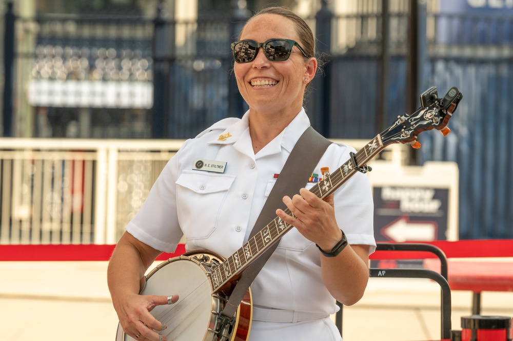 U.S. Navy Band Country Current Bluegrass Ensemble performs before &quot;Navy Day&quot; at the Nationals stadium