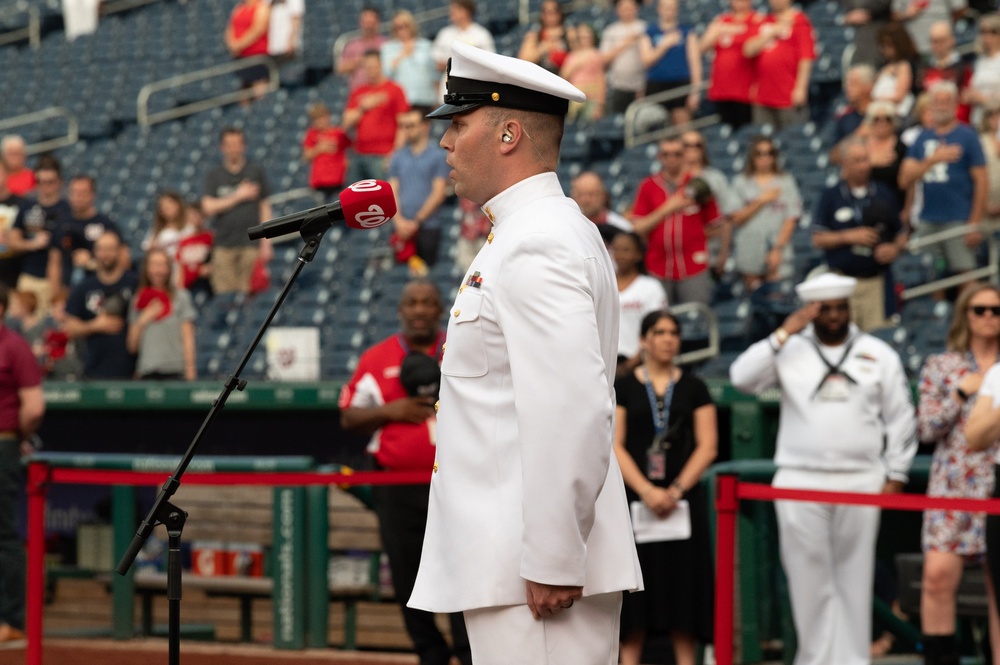 U.S. Navy Band Country Current Bluegrass Ensemble performs before &quot;Navy Day&quot; at the Nationals stadium