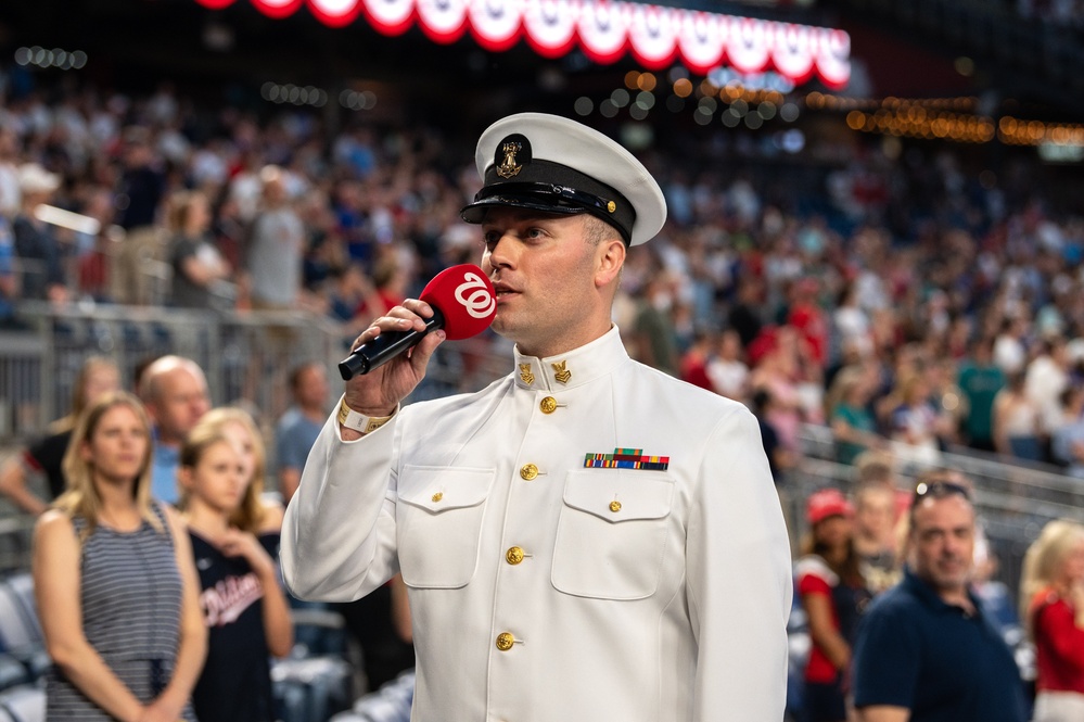 U.S. Navy Band Country Current Bluegrass Ensemble performs before &quot;Navy Day&quot; at the Nationals stadium