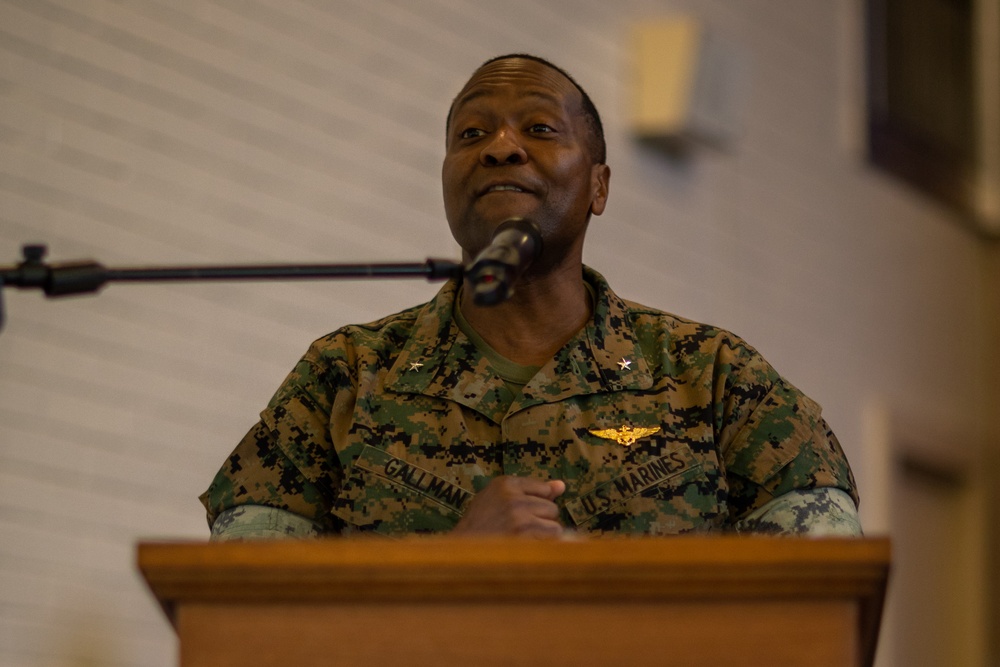 Assistant wing commander speaks to Lance Corporal Leadership and Ethics Seminar graduates