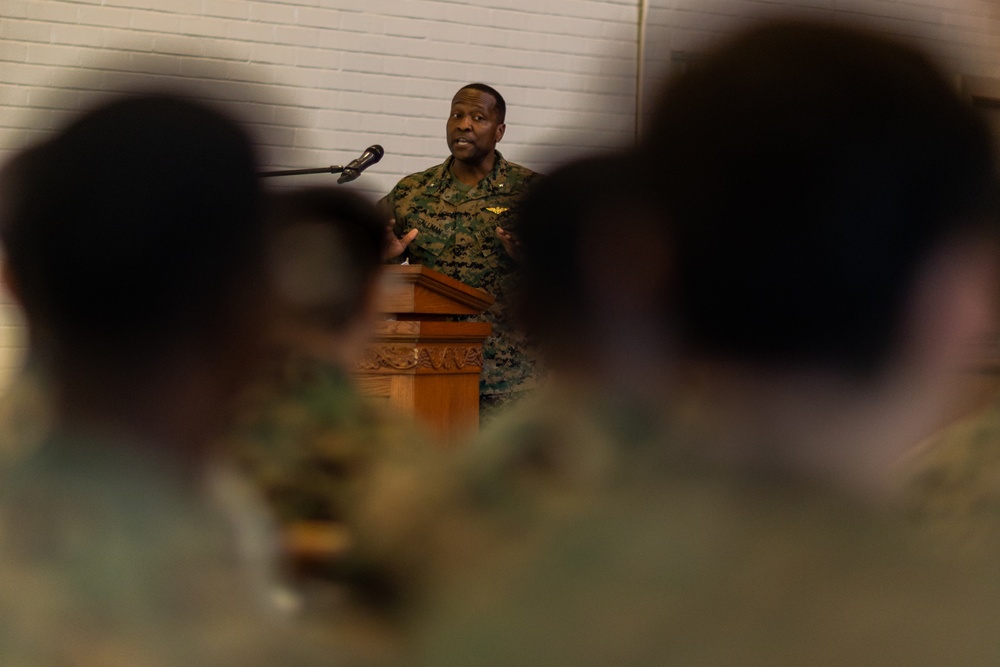 Assistant wing commander speaks to Lance Corporal Leadership and Ethics Seminar graduates