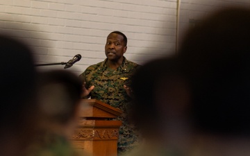Assistant wing commander speaks to Lance Corporal Leadership and Ethics Seminar graduates