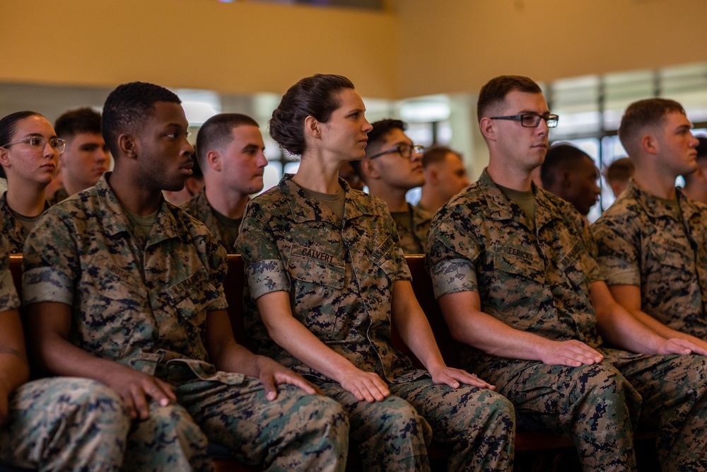 Assistant wing commander speaks to Lance Corporal Leadership and Ethics Seminar graduates