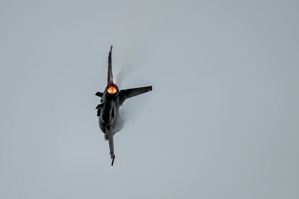 The F-16 Viper Demonstration Team perform at the Red, White and Blue Air Show