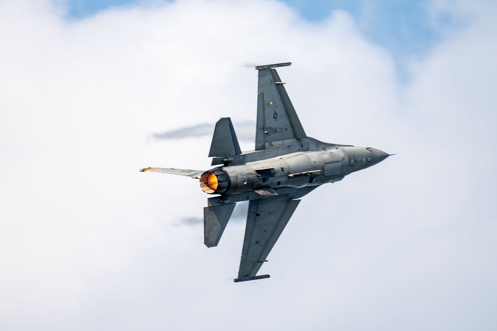 The F-16 Viper Demonstration Team perform at the Red, White and Blue Air Show