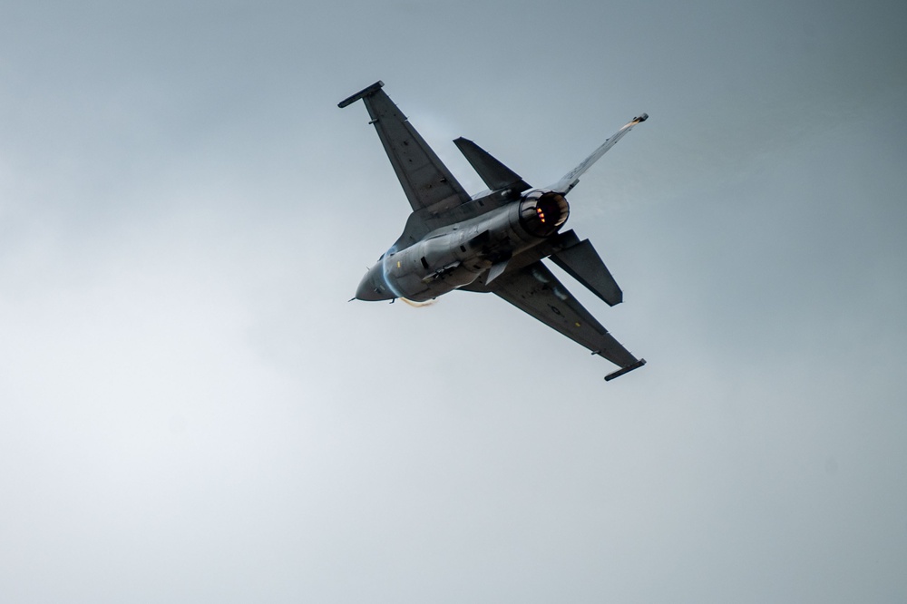 The F-16 Viper Demonstration Team perform at the Red, White and Blue Air Show