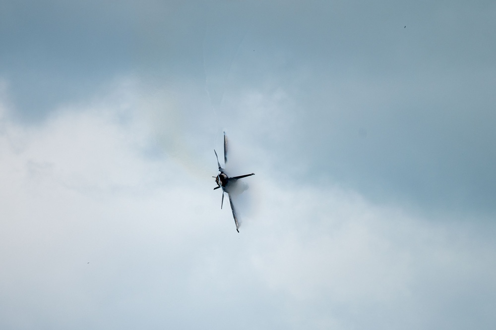 The F-16 Viper Demonstration Team perform at the Red, White and Blue Air Show