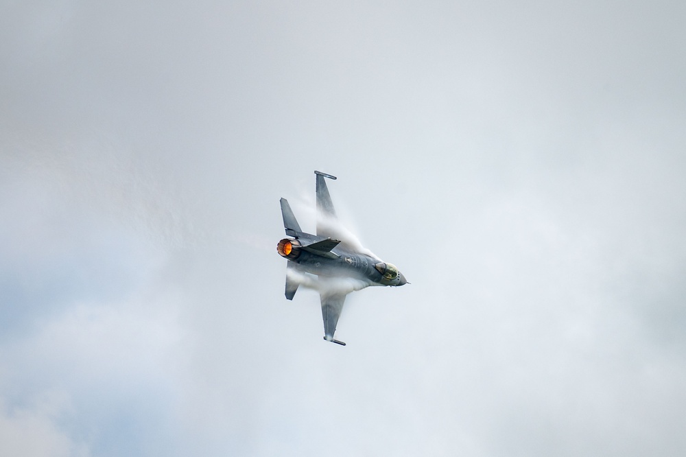 The F-16 Viper Demonstration Team perform at the Red, White and Blue Air Show