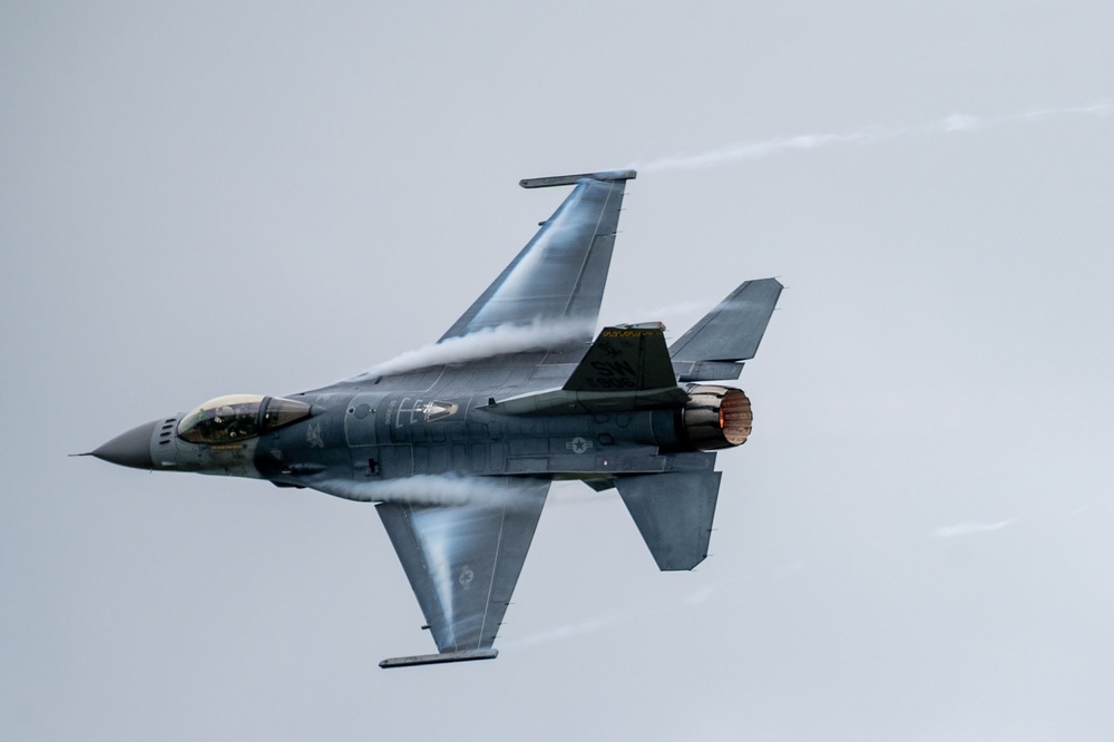 The F-16 Viper Demonstration Team perform at the Red, White and Blue Air Show