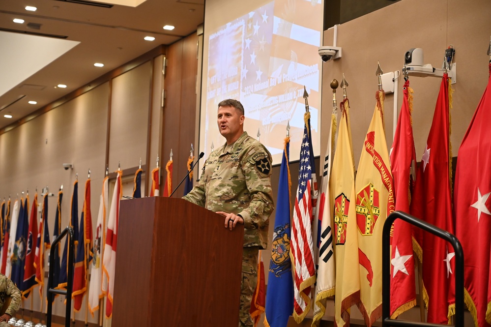 Maj. Gen. Hank Taylor delivers remarks at the USAG Humphreys National Day of  Prayer luncheon