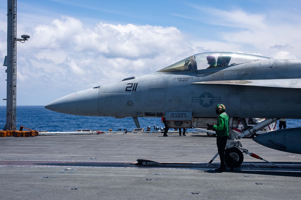 USS Ronald Reagan (CVN76) Sailors conduct flight deck operations