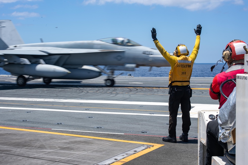 USS Ronald Reagan (CVN76) Sailors conduct flight deck operations