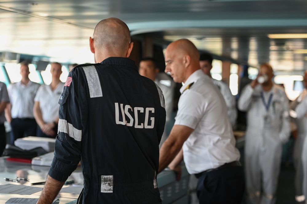 Coast Guard members conduct cruise inspection