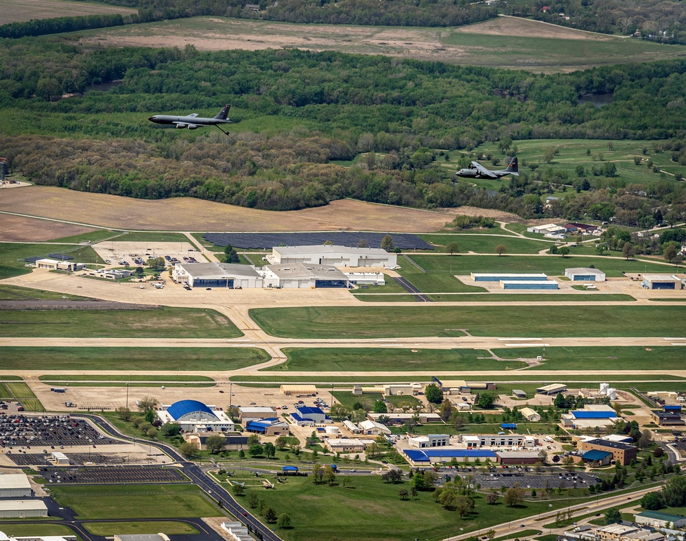 Illinois Air National Guard C-130H Hercules and KC-135R Stratotanker fly over Springfield, Ill., May 1, 2024