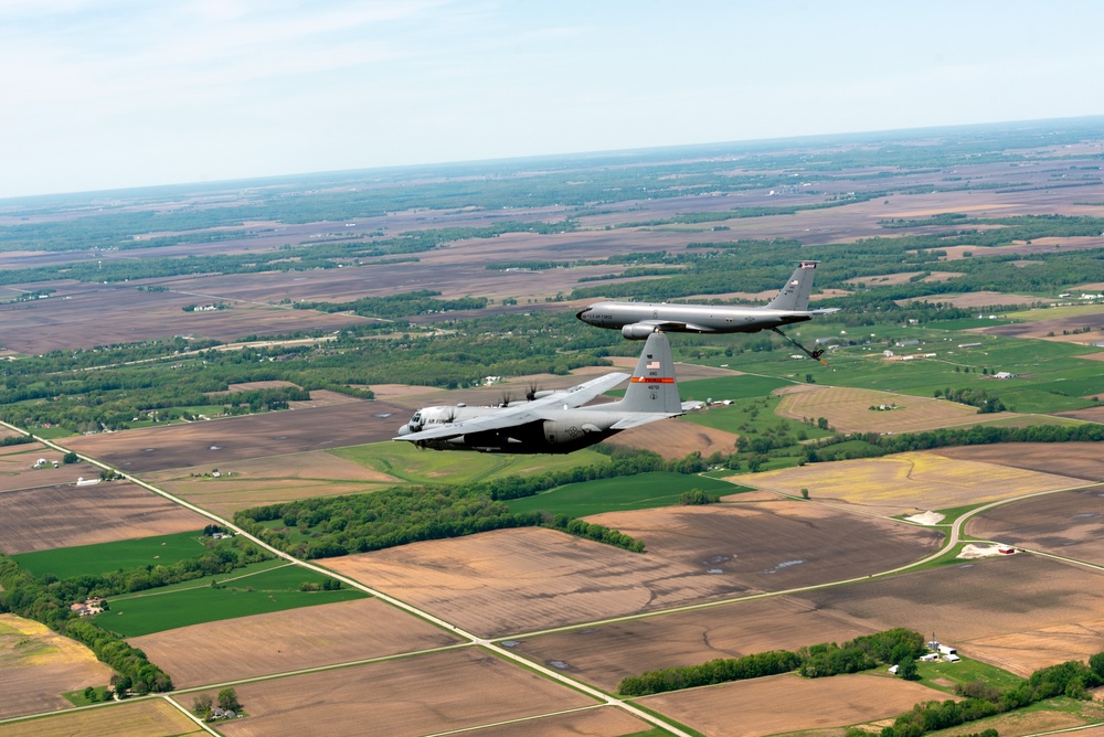 Illinois Air National Guard C-130H Hercules and KC-135R Stratotanker fly over Springfield, Ill., May 1, 2024