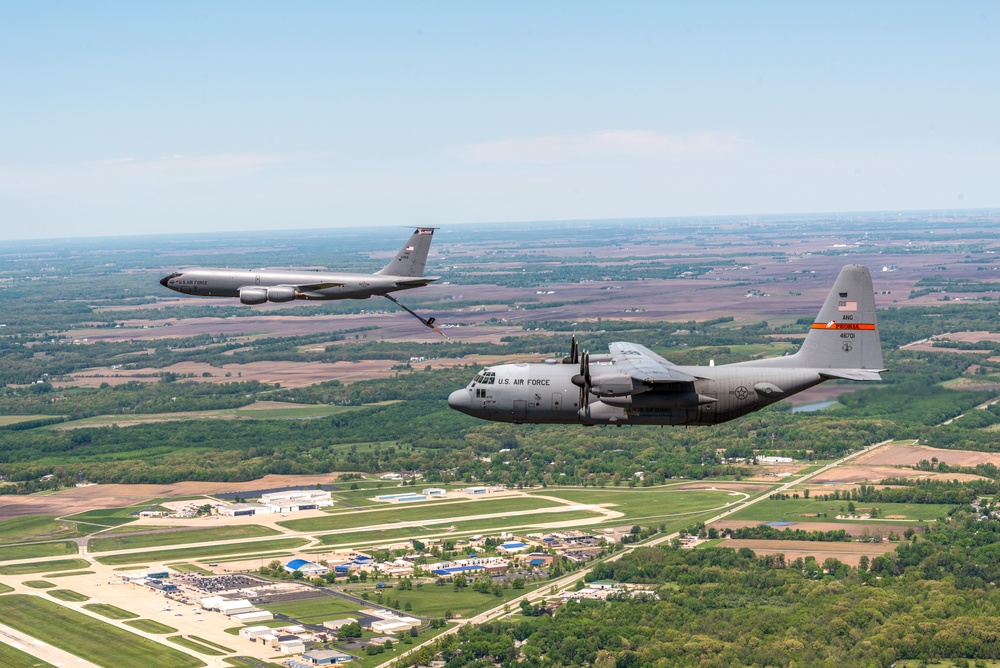 Illinois Air National Guard C-130H Hercules and KC-135R Stratotanker fly over Springfield, Ill., May 1, 2024