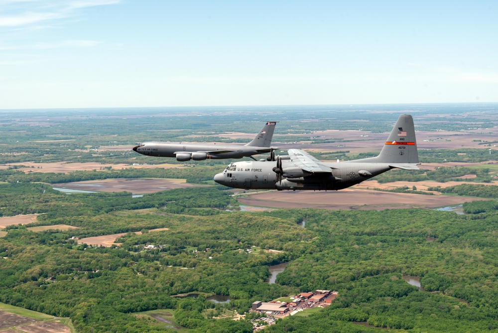 Illinois Air National Guard C-130H Hercules and KC-135R Stratotanker fly over Springfield, Ill., May 1, 2024