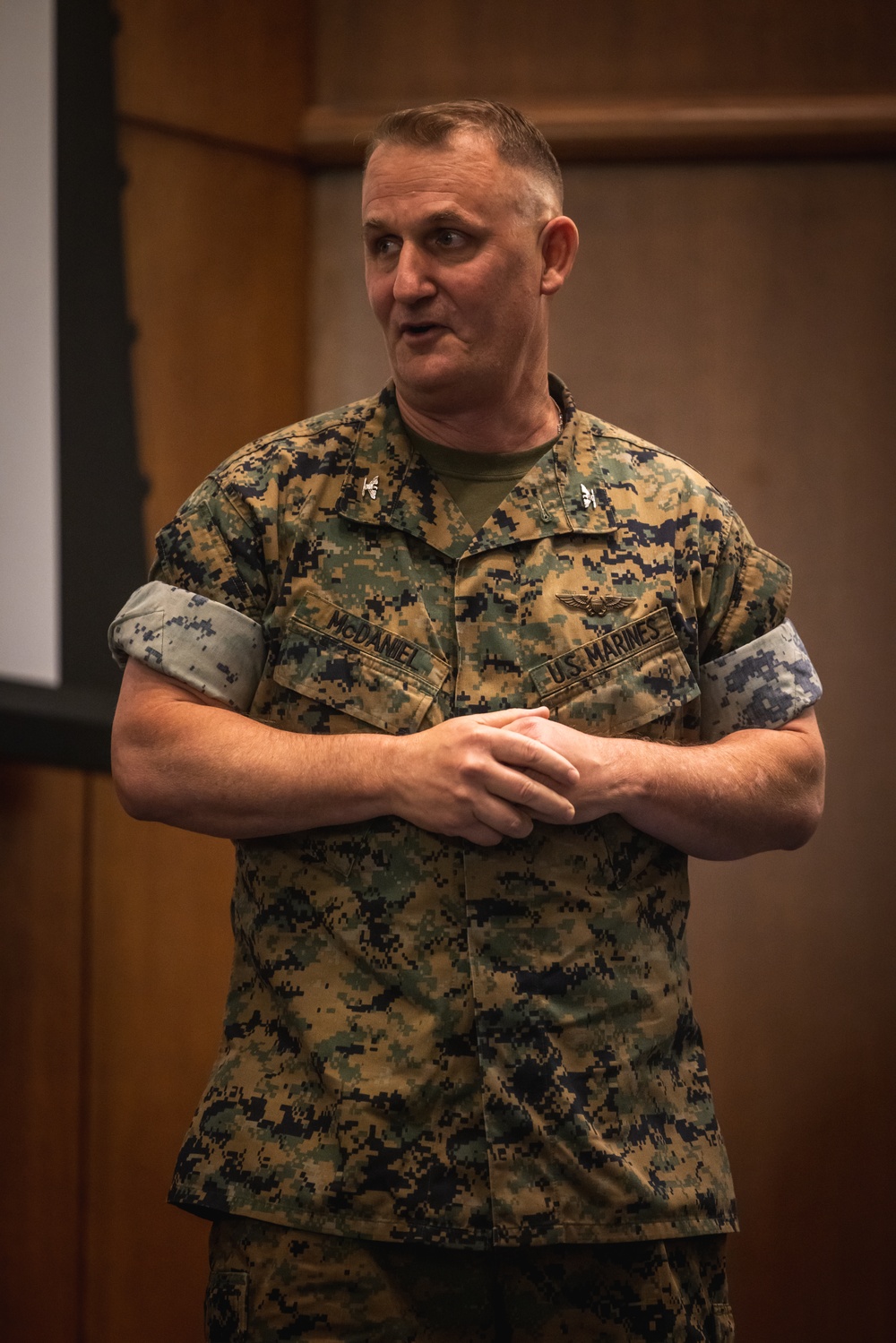 U.S. Marines with MCOTEA host a change of command ceremony