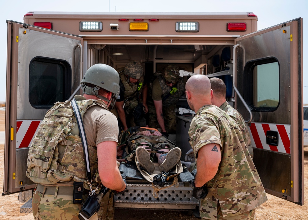 U.S. Airmen conduct an emergency response training exercise