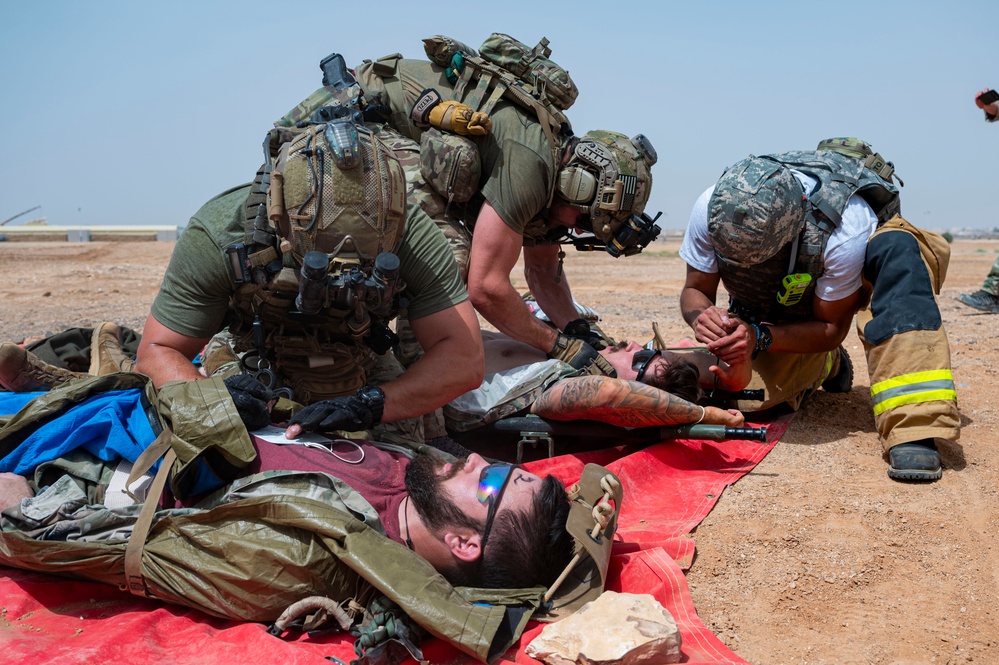 U.S. Airmen conduct an emergency response training exercise