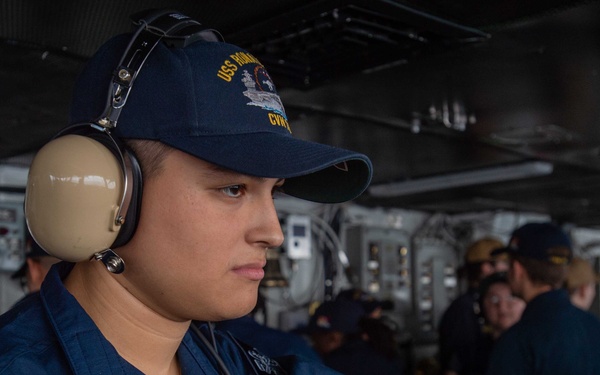 USS Ronald Reagan (CVN 76) Sailors stand watch in the pilot house