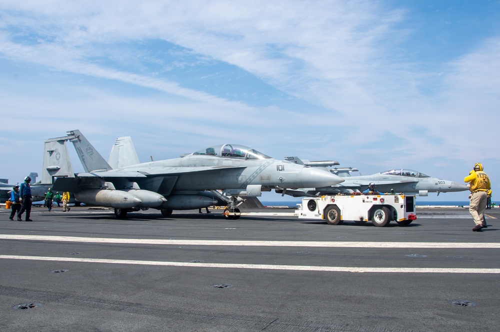 USS Ronald Reagan (CVN76) Sailors conduct flight deck operations