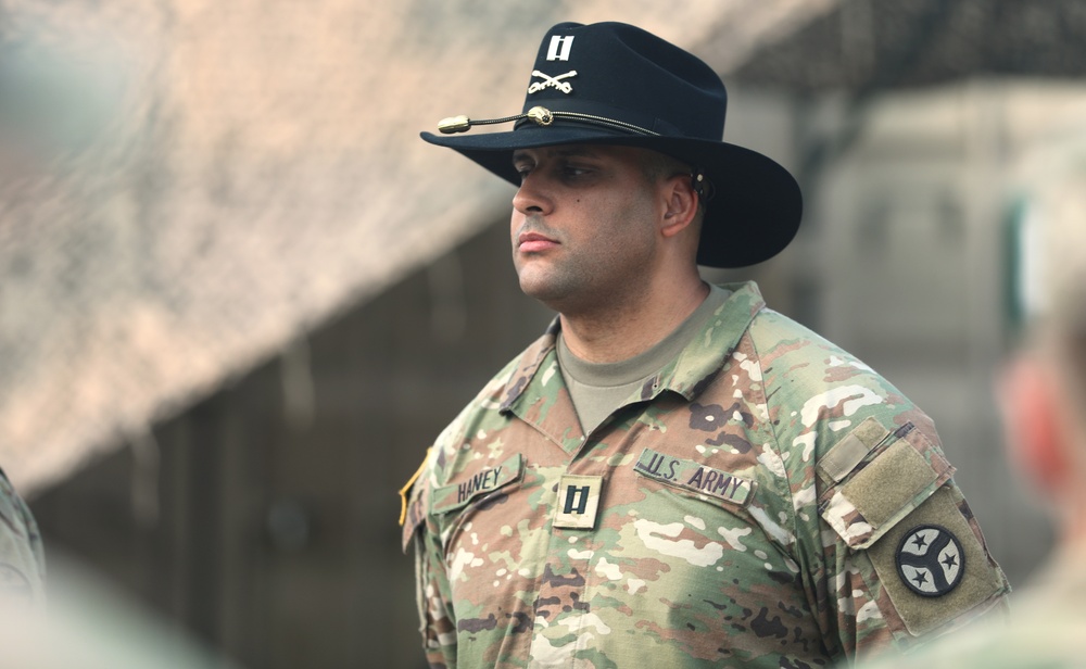 Capt. Jeramie Haney of D Troop, 278th RSS, talks to his formation after obtaining the rank captain