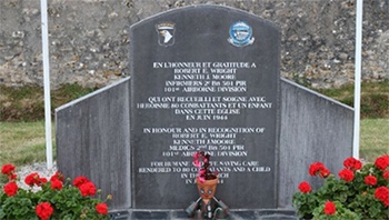 A monument honoring the lifesaving actions of U.S. Army medics Pvt. Robert E. Wright and Pvt. Kenneth J. Moore